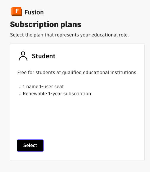 Fusion subscription plans page showing the Student plan