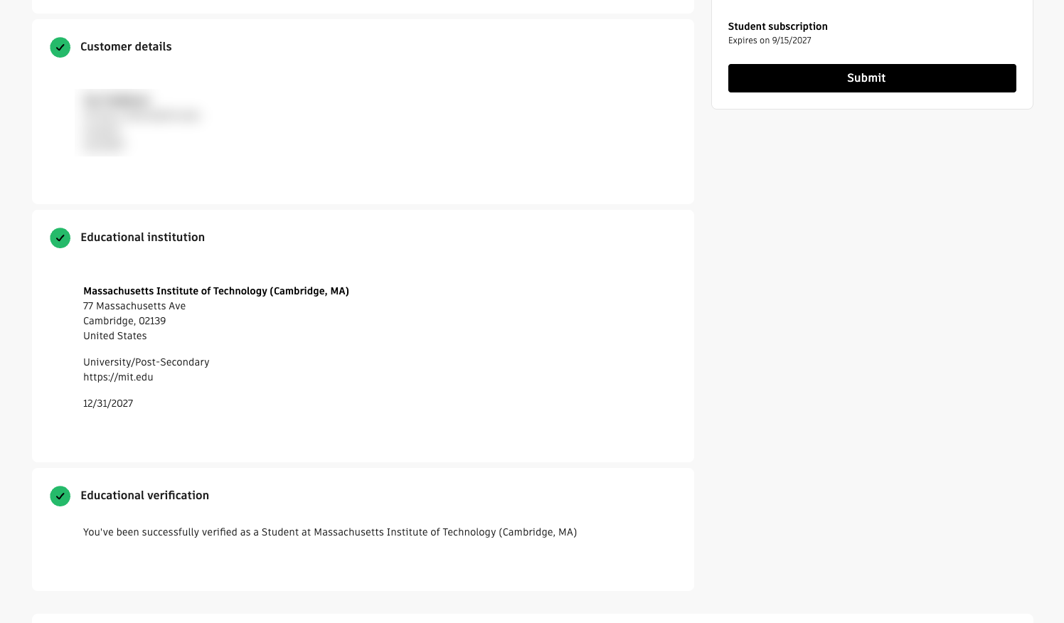 Customer details, educational institution and educational verification completed, with the Submit button